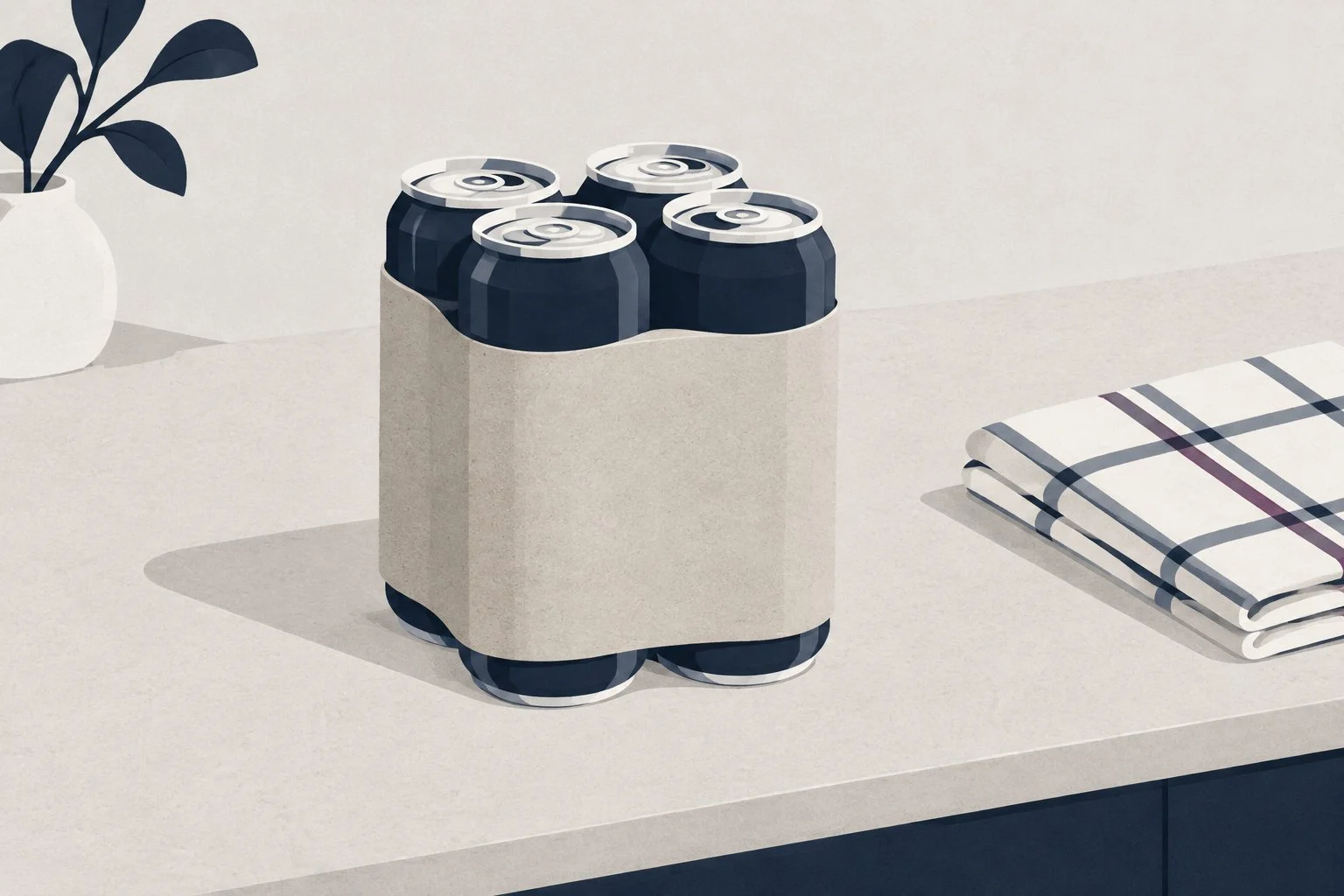 A flat editorial illustration in ink navy, warm chalk and white: four cans in a paper sleeve.