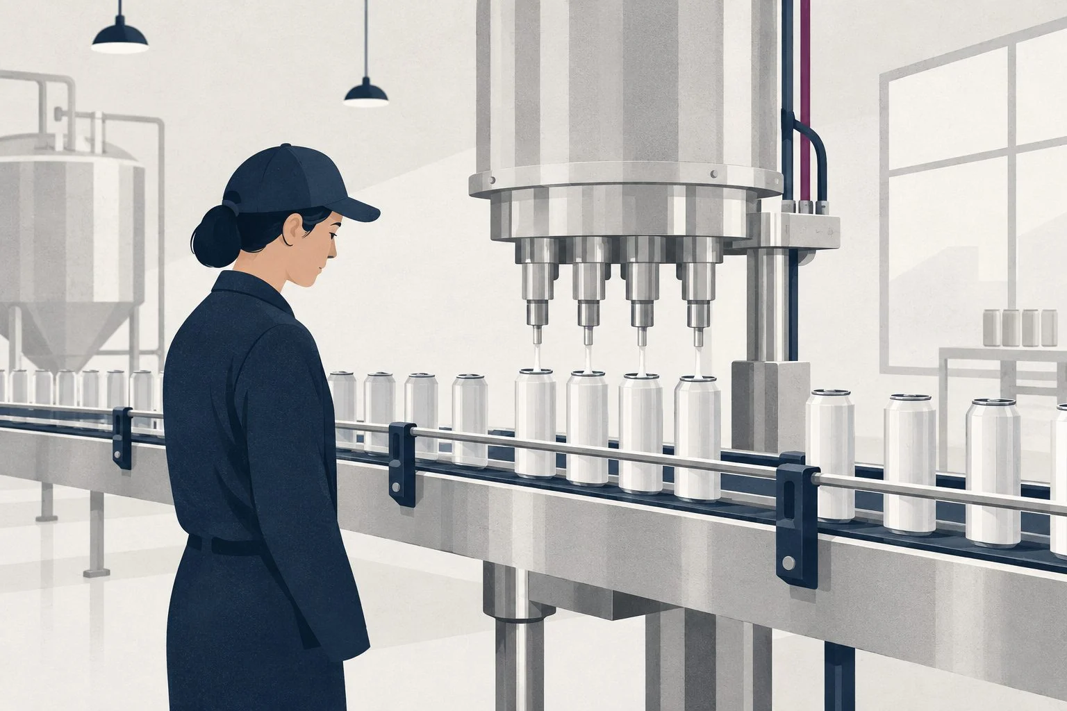 A flat editorial illustration in ink navy, warm chalk and white: cans on a filling line at a co-packer.