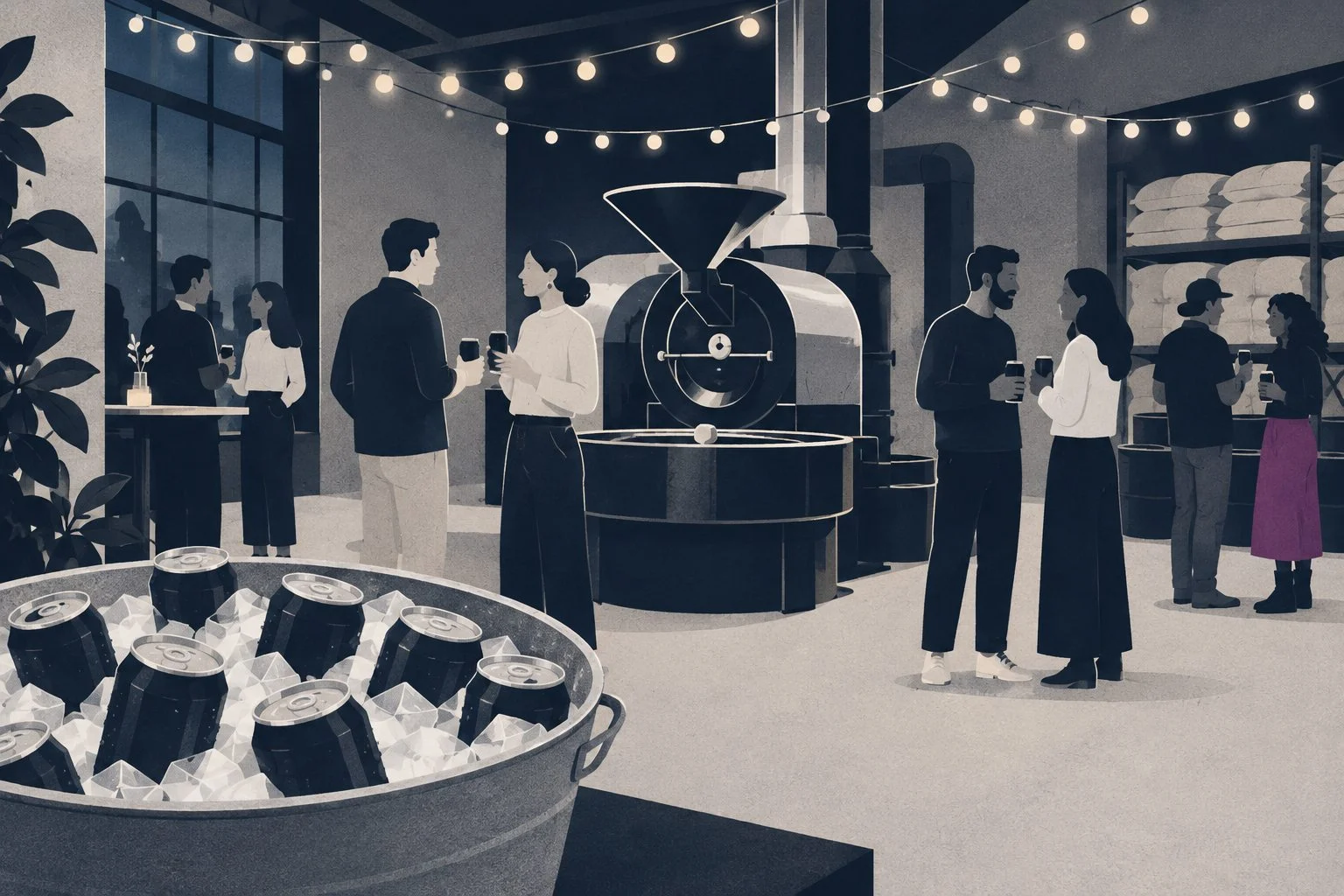 A flat editorial illustration in ink navy, warm chalk and white: launch night around the roaster.