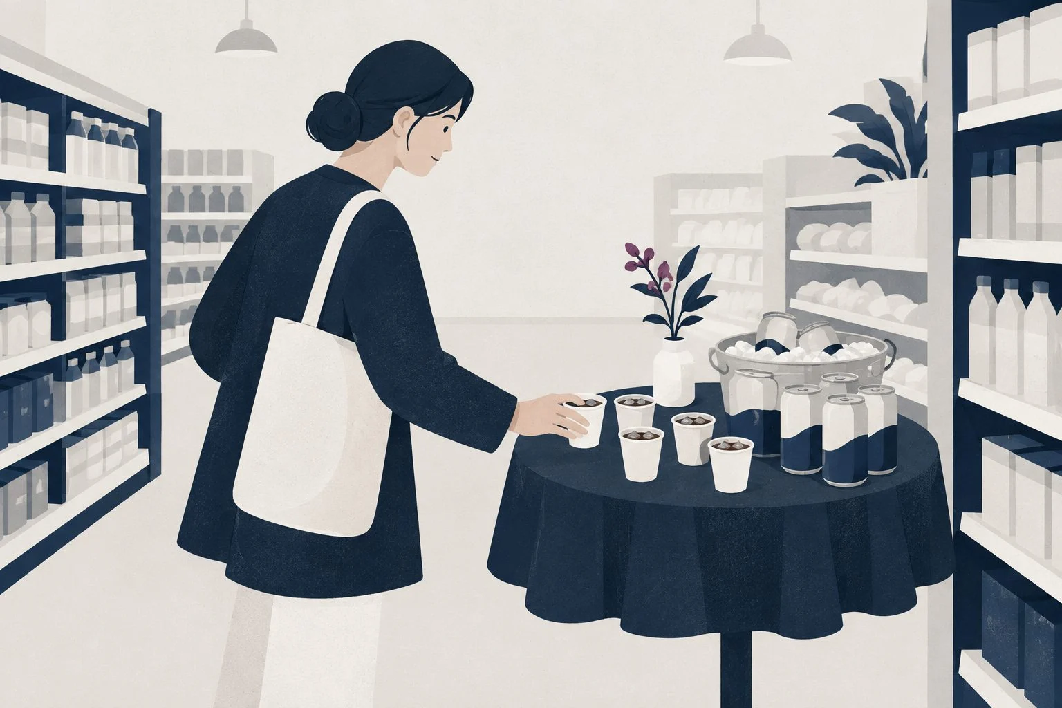 A flat editorial illustration in ink navy, warm chalk and white: a Saturday tasting in a grocer’s aisle.
