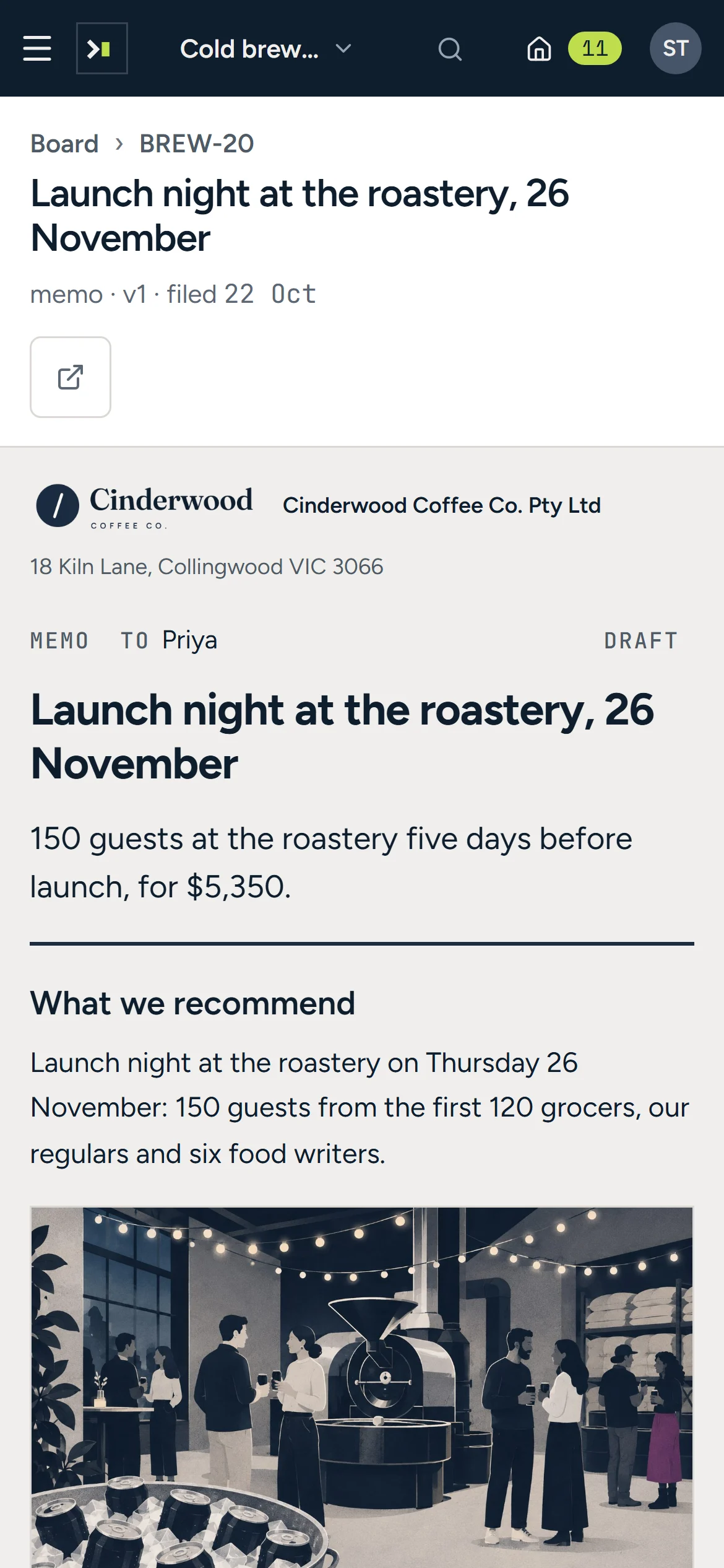 The launch night memo reflowed for a phone, with its picture.