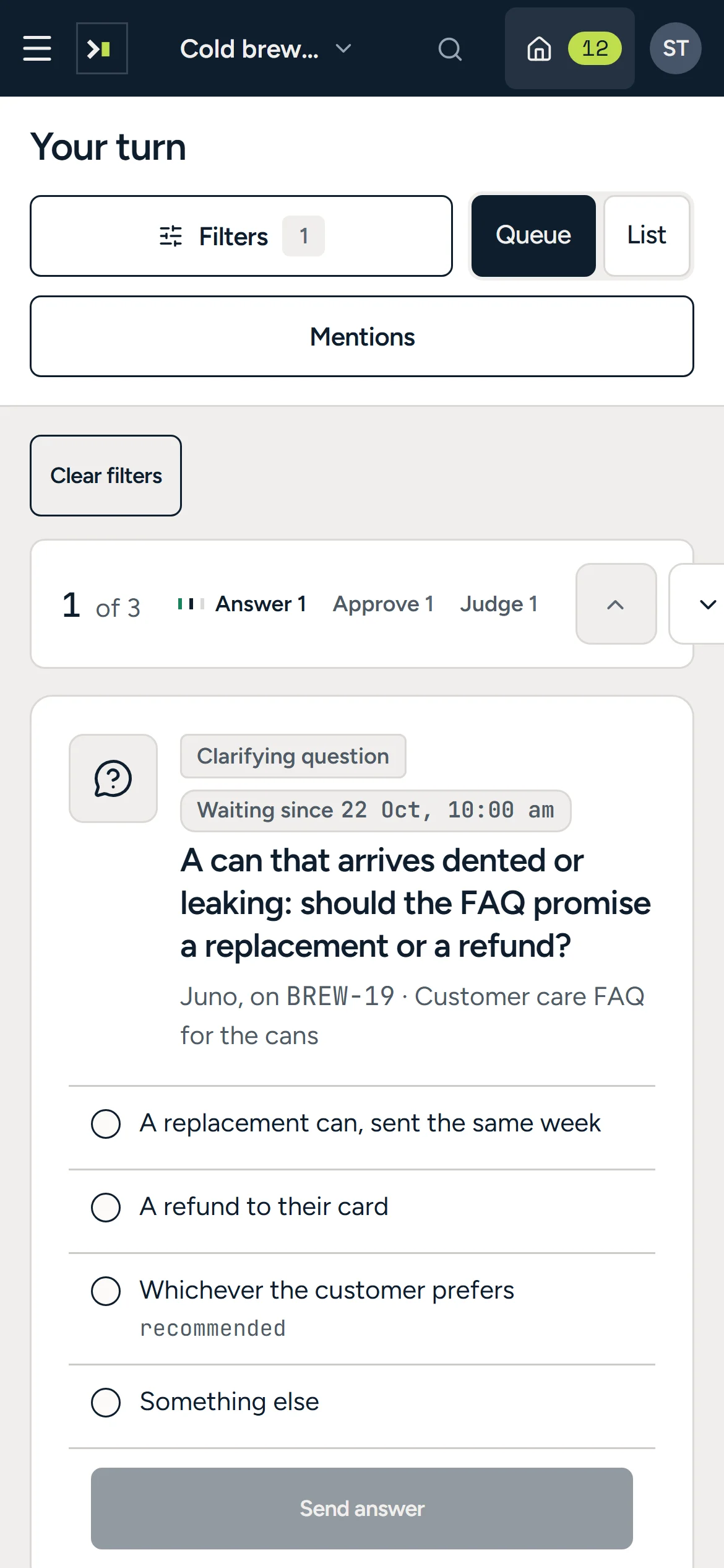 Your turn on a phone: the agent’s question about dented cans with its four answers.