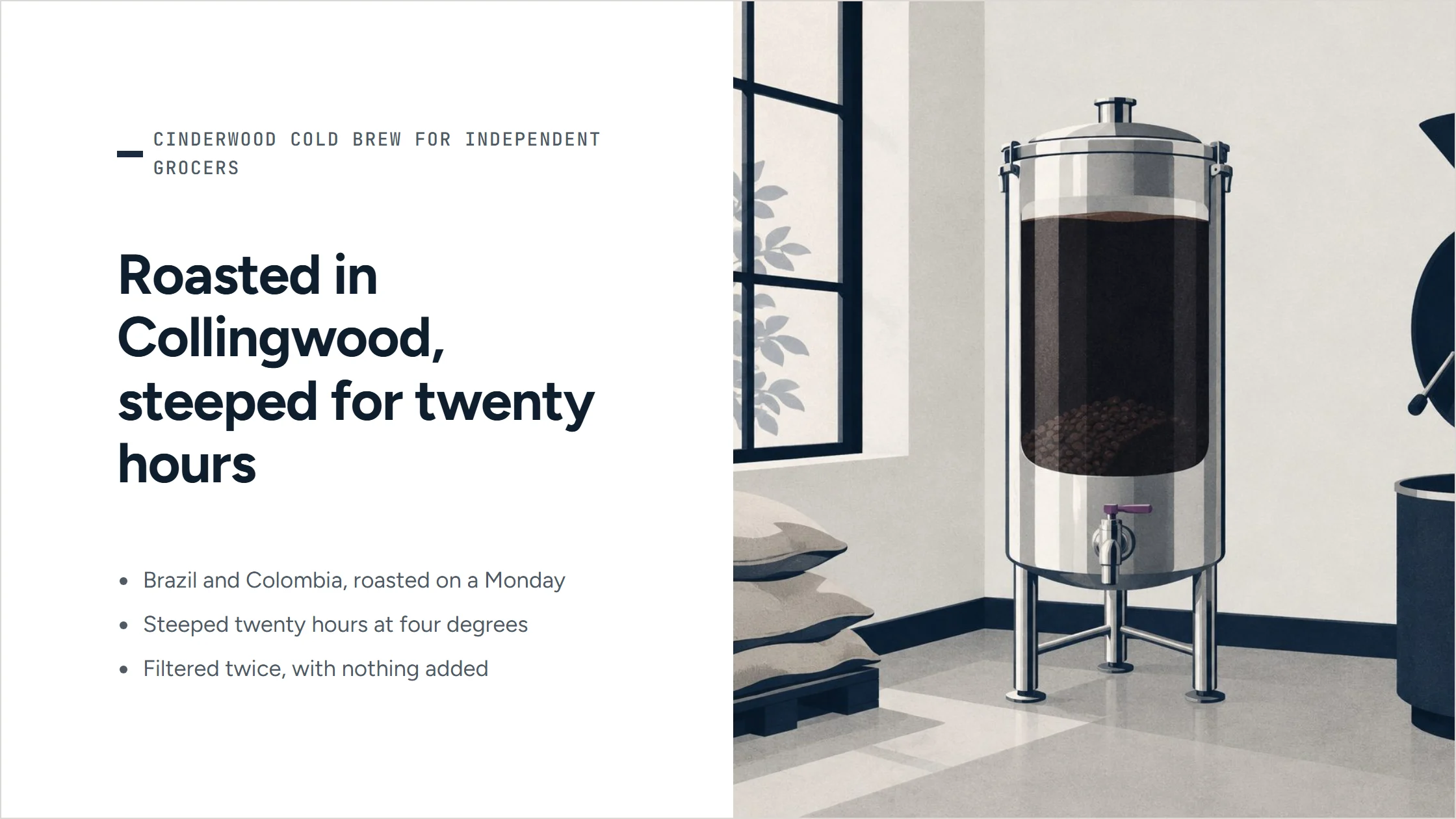 A slide from the agent-written pitch deck for independent grocers, in Cinderwood’s navy. ‘Roasted in Collingwood, steeped for twenty hours’: three points beside a drawn steeping tank.