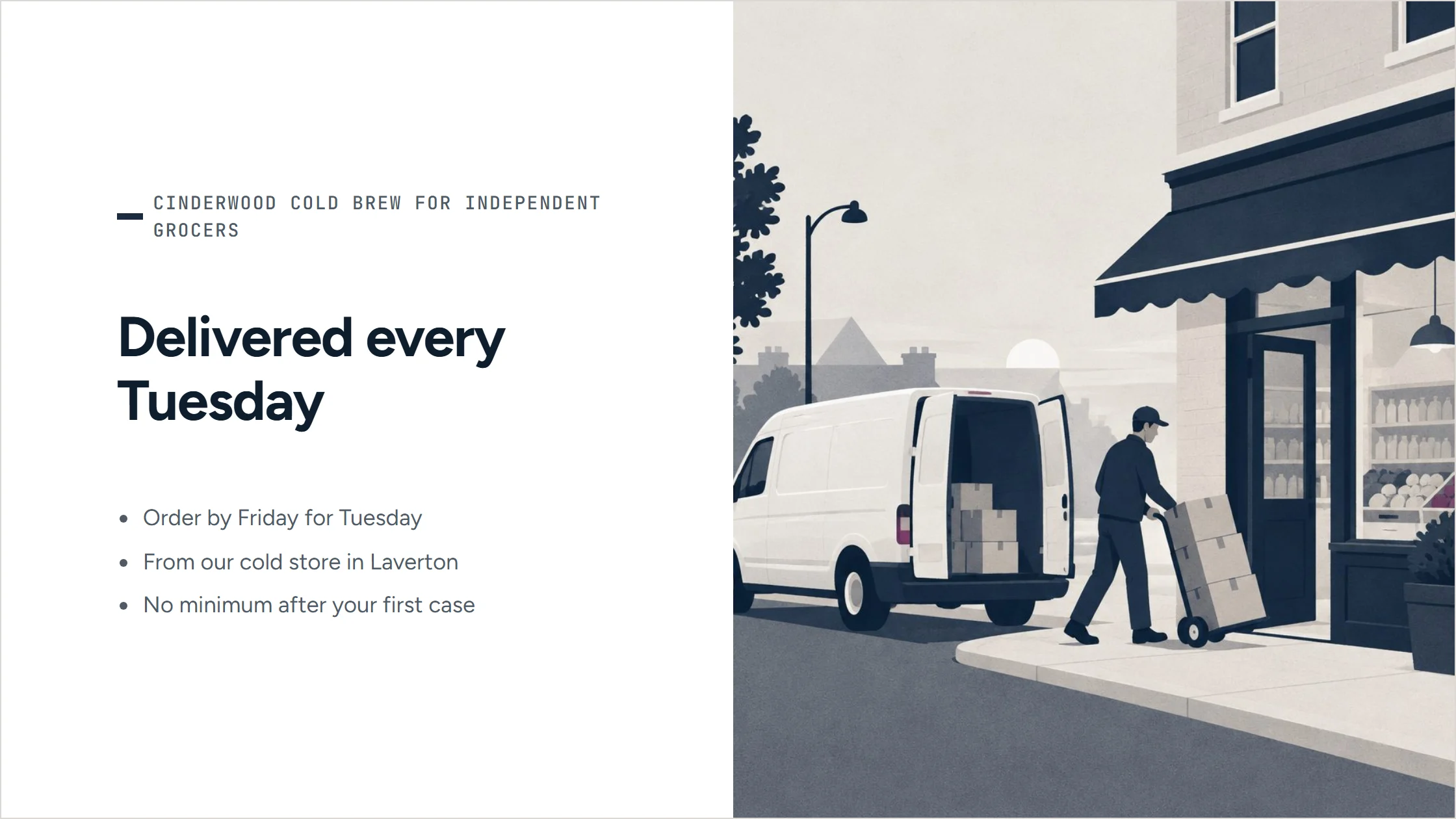 A slide from the agent-written pitch deck for independent grocers, in Cinderwood’s navy. ‘Delivered every Tuesday’: how ordering and delivery work, beside a drawn dawn delivery.