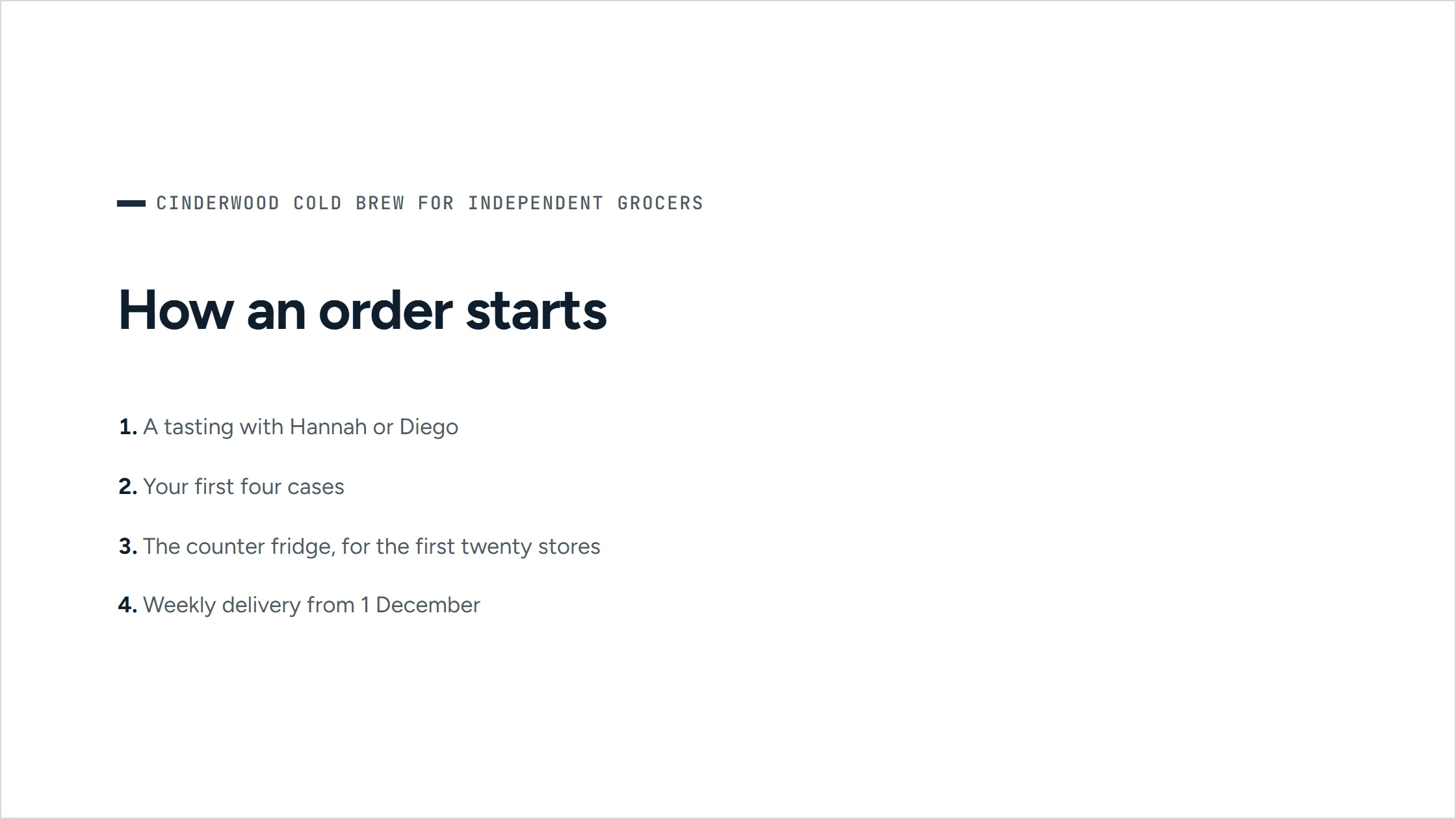 A slide from the agent-written pitch deck for independent grocers, in Cinderwood’s navy. ‘How an order starts’: four steps from a tasting to the first cases and the counter fridge.