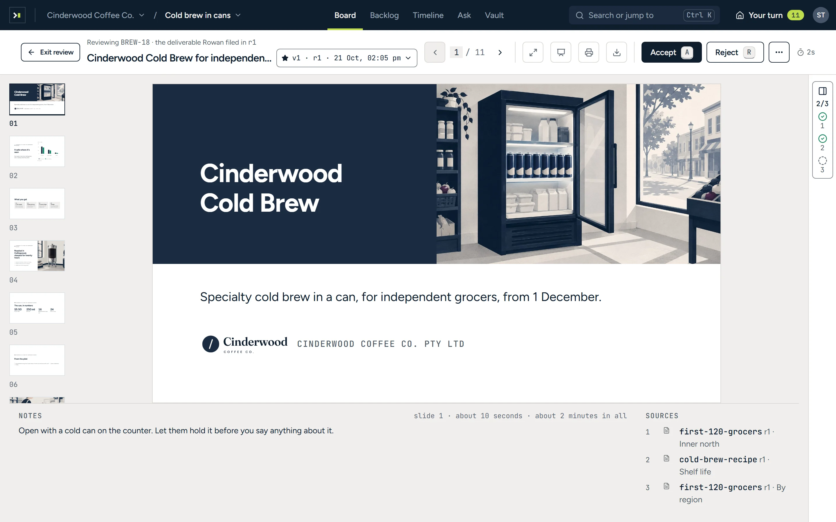 The review room for the grocer pitch deck: its navy cover slide fills the screen, slide thumbnails on the left, speaker notes and sources below, and Accept and Reject in the bar above.