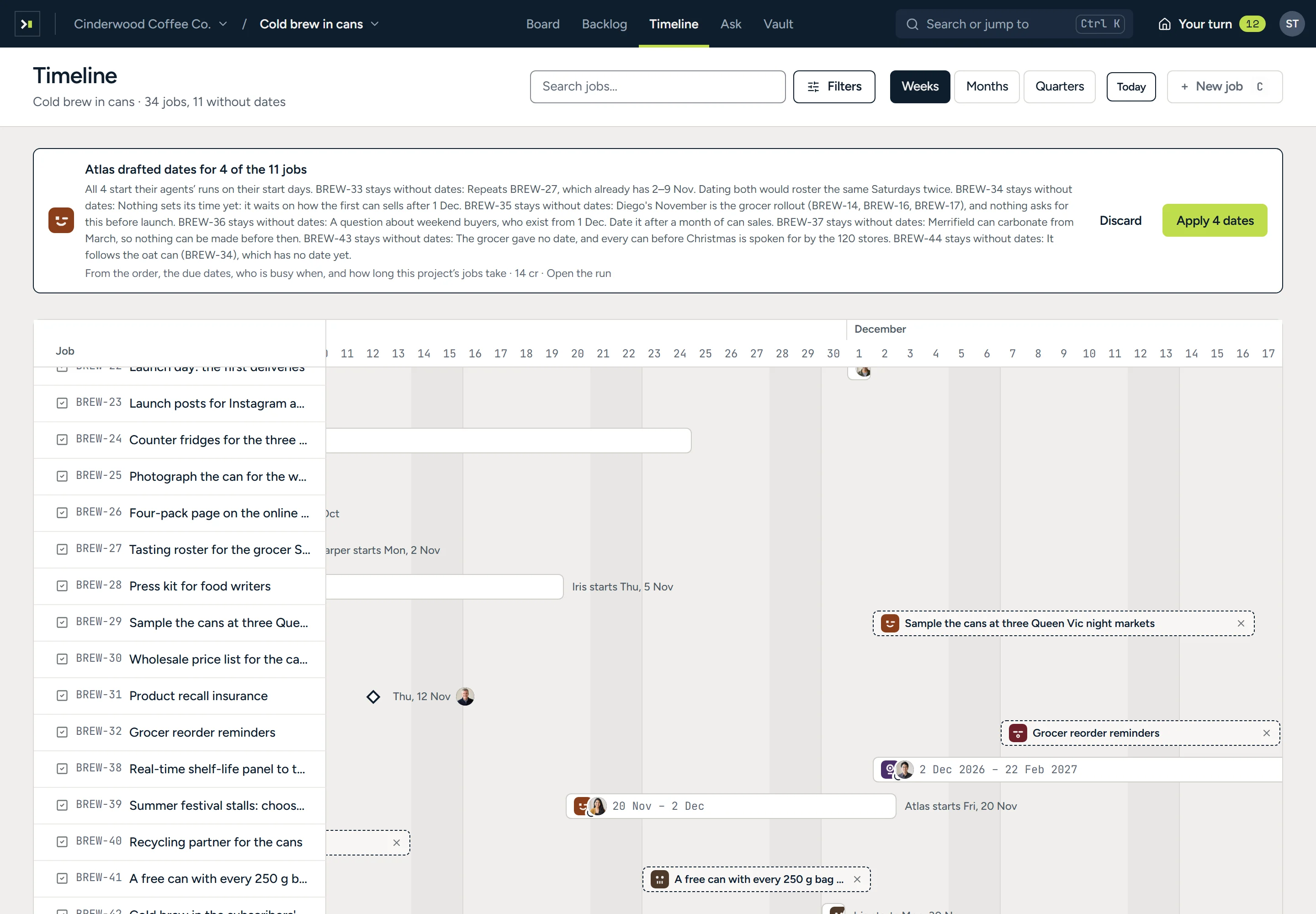 The timeline scrolled to December with a band reading ‘Atlas drafted dates for 4 of the 11 jobs’, the reason for each and for those left undated, Discard and Apply 4 dates, and dashed bars where the drafted jobs would go.